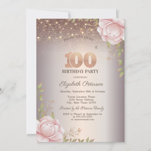 ボヘミアン ローズ、ストリング ライト スパンコール 100歳の誕生日 招待状 (正面)