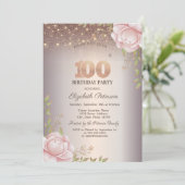 ボヘミアン ローズ、ストリング ライト スパンコール 100歳の誕生日 招待状 (スタンド正面)