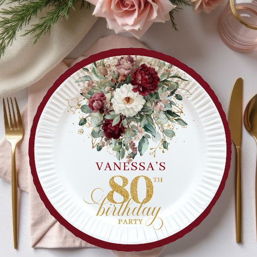 ボヘミアン 深紅の花 80歳の誕生日 ペーパープレート