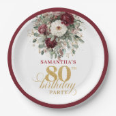 ボヘミアン 深紅の花 80歳の誕生日 ペーパープレート (正面)