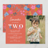 ボヘミアン 赤い花 野の花 子供 写真 誕生日 招待状 (正面/裏面)