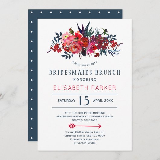 ボヘミア地方の田舎赤い海軍のフローラの花嫁ブランチ 招待状 (正面/裏面)