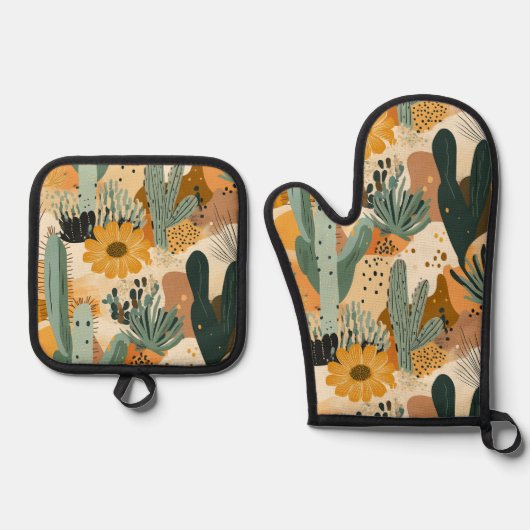 ボヘミア砂漠サボテンと花の模様 鍋つかみ&鍋敷きセット (正面)