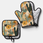 ボヘミア砂漠サボテンと花の模様 鍋つかみ&鍋敷きセット (正面/裏面)