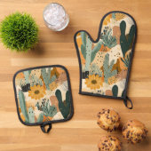 ボヘミア砂漠サボテンと花の模様 鍋つかみ&鍋敷きセット (トップダウン)