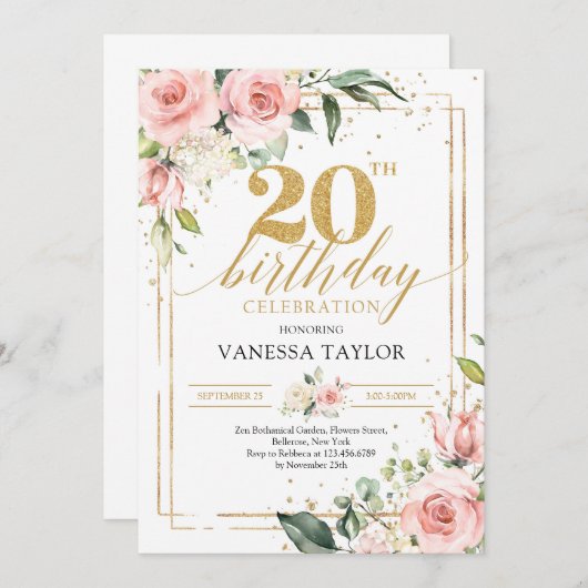 ボヘミア赤面ピンクフローラグリーン金ゴールド20歳 招待状 (正面/裏面)