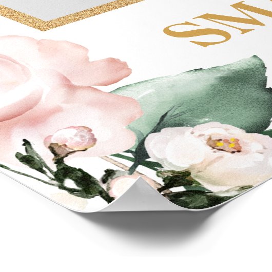 ボヘミア赤面ピンクフローラ結婚金ゴールドの写真のプロップ ポスター (角)