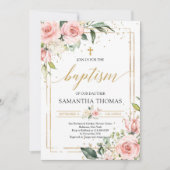 ボヘミア赤面ピンクフローラ金ゴールドグリッターバプテスマ 招待状 (正面)