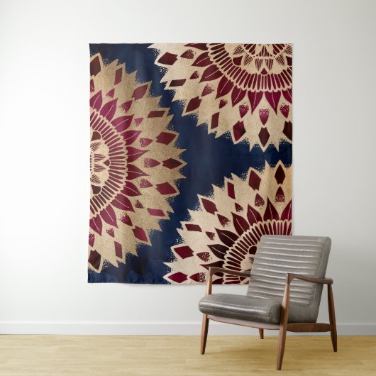 ボヘミア金ゴールドネイビーブルゴーニュ手描きマンダラ タペストリー (インサイチュ)