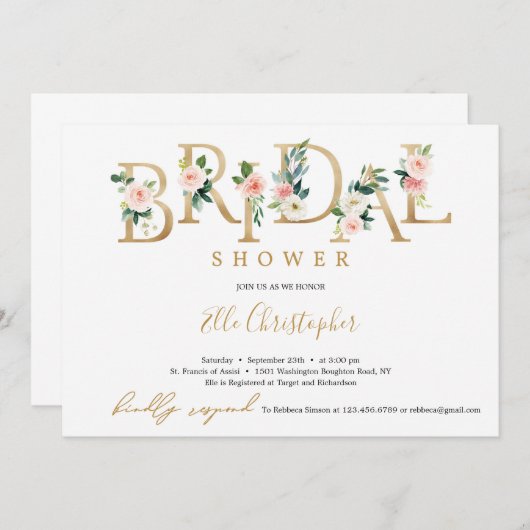 ボヘミア金ゴールド箔フローラブライダルシャワー 招待状 (正面/裏面)