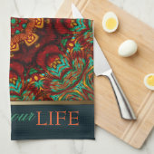 ボヘミア金ゴールド+ティール（緑がかった色）引用文タオル キッチンタオル (四つ折り)