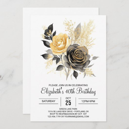ボヘミア開花金ゴールドとブラック30歳の誕生日 招待状 (正面/裏面)