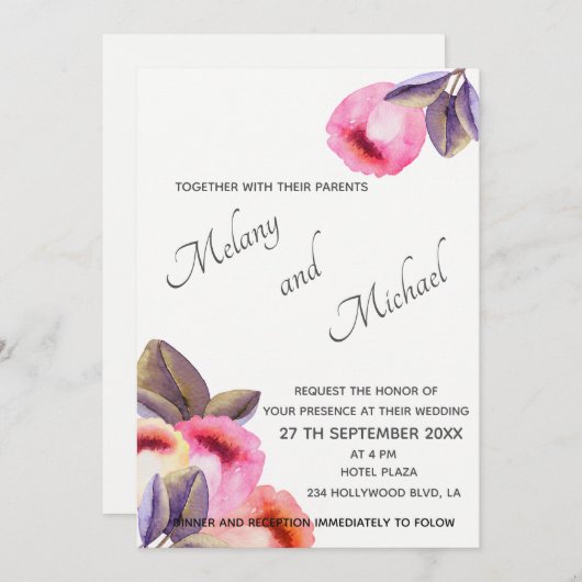 ボヘミエレガントアモダンの水彩チューリップ 招待状 (正面/裏面)