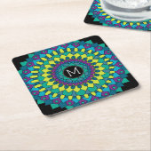 ボヘミカラフルアの花とモノグラムカスタム スクエアペーパーコースター (アングル)