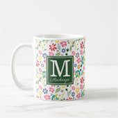ボヘミカラフルアン春の花グリーンモノグラム コーヒーマグカップ (左)