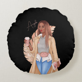 ボヘミフェイクアングリッターガールタンヘアブラウンピンク ラウンドクッション