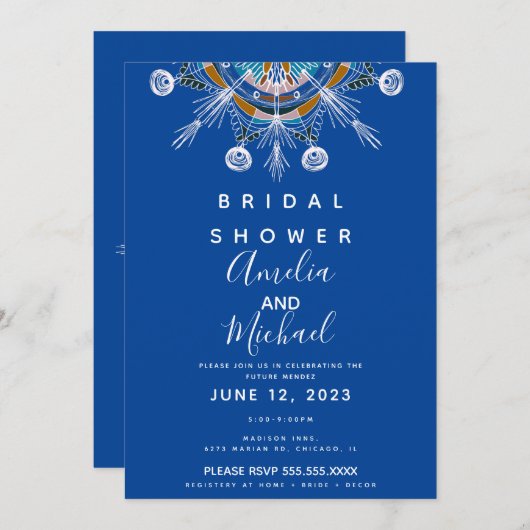 ボヘミモダンアンマンダラブルーマスタードブライダルシャワー 招待状 (正面/裏面)