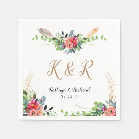 ボヘミ素朴アンフローラ水カラーモノグラム結婚ズ スタンダードカクテルナプキン (正面)