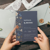 ボヘミ絵を描アフラワーネイビーブルーサ結婚スト 招待状