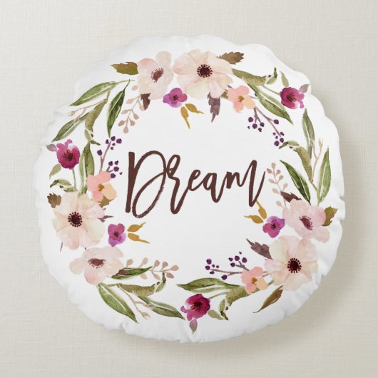 ボヘムウォーター色フローラリース | ドリームスクリプト ラウンドクッション (正面)