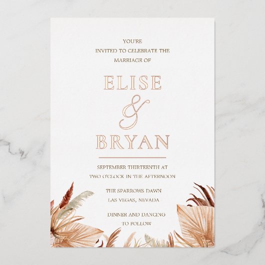 ボヘモダンミアンバラゴールドフォイルボホ結婚ズ 箔招待状 (正面)