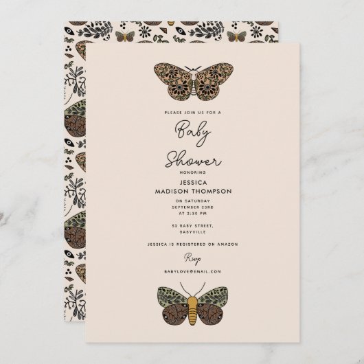 ボヘモダンミアンモスワイルドフラワーベビーシャワー 招待状 (正面/裏面)