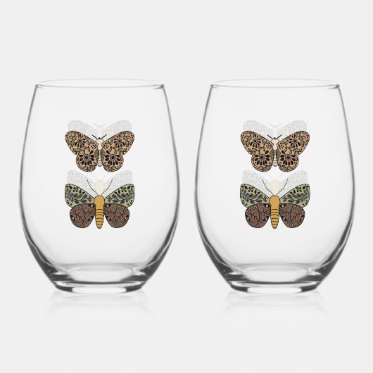 ボヘモダンミアンモスワイルドフラワー抽象芸術模様 ステムなしワイングラス (裏面)