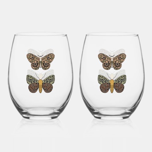 ボヘモダンミアンモスワイルドフラワー抽象芸術模様 ステムなしワイングラス (正面)