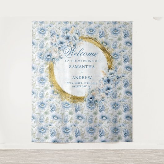 ボヘモダンミアンライトブルー金ゴールド結婚の背景 タペストリー (正面)