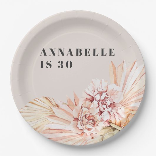 ボヘモダンミアン水色フローラパステル誕生日 ペーパープレート (正面)