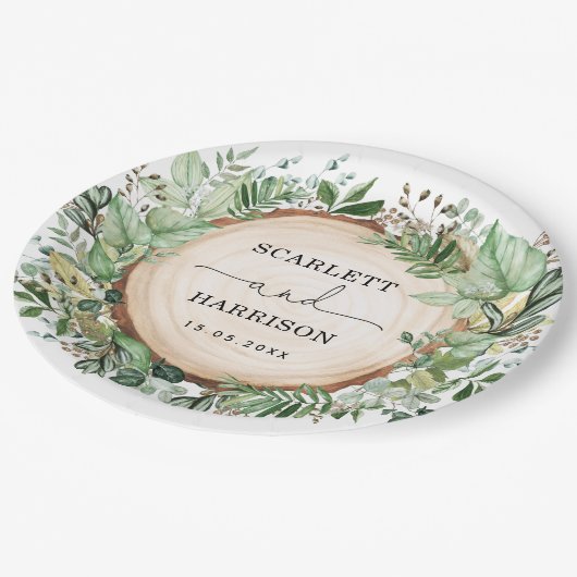 ボヘ素朴ミアンガーデングリーンリー結婚ボタニカル ペーパープレート (アングル)