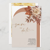 ボヘ素朴ミアンテラコッタ秋アーチ日付を保存 招待状 (正面/裏面)