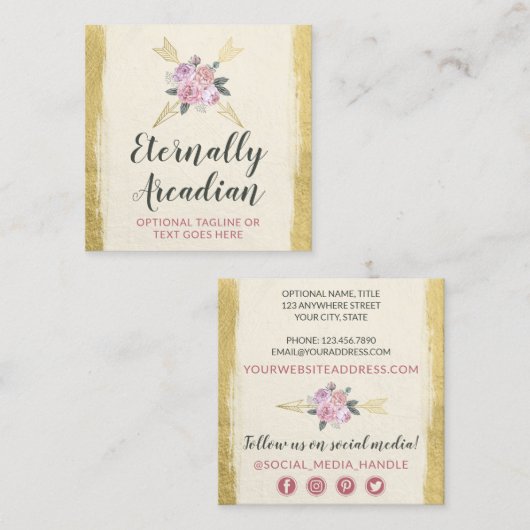 ボヘ素朴ミアンフローラアローズ金ゴールドボホソーシャル スクエア名刺 (正面/裏面)