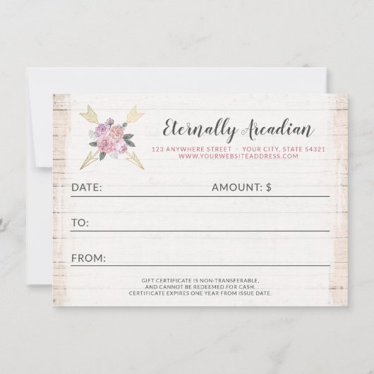 ボヘ素朴ミアンフローラ矢印ギフト証明書カード 招待状 (裏面)