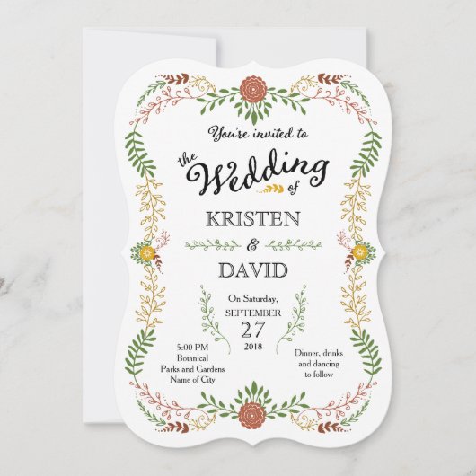 ボヘ素朴ミアン秋フローラリース結婚ズ 招待状 (正面)