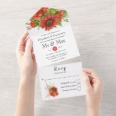 ボヘ素朴ミアン赤い結婚ひまわりの花 オールインワン招待状 (貼ってはがせる)