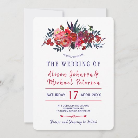 ボヘ素朴ミアン赤海軍フローラ結婚式 招待状 (正面)