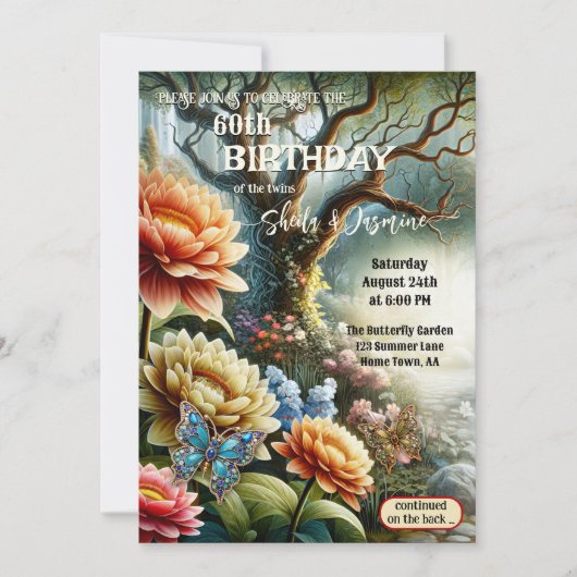 ボヘ芸術的ミアンフローラツインガーデン誕生日 招待状 (正面)