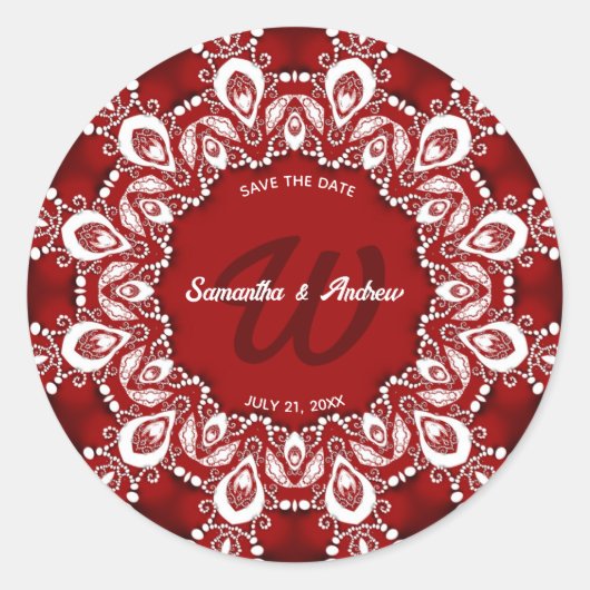 ボヘ赤と白ミアンレースSave the Date ラウンドシール (正面)