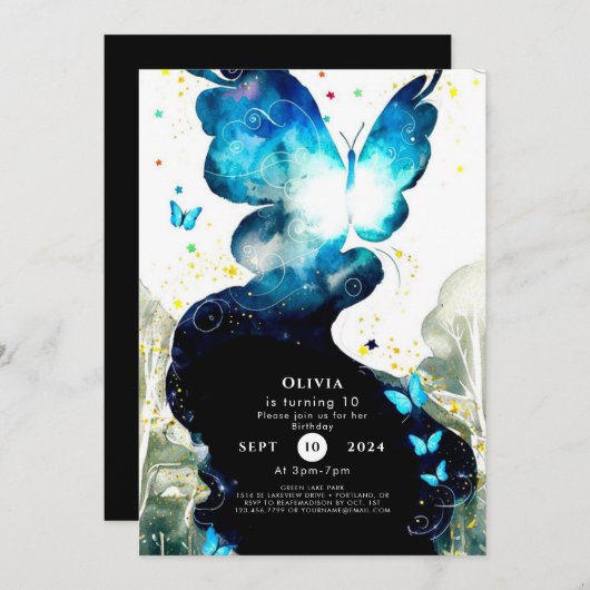 ボホおもしろいバタフライ誕生日 招待状 (正面/裏面)