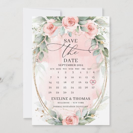 ボホお洒落ほこりっぽいピンクのバラとユーカリ セーブザデート (正面)