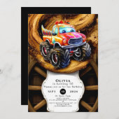 ボホお洒落トラックモンスタートラック誕生日 招待状 (正面/裏面)