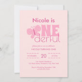 ボホお洒落バタフライレトロ1stバースデーピンク 招待状 (正面)