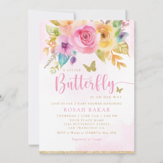 ボホお洒落フローラバタフライガールベビーシャワー 招待状 (正面)