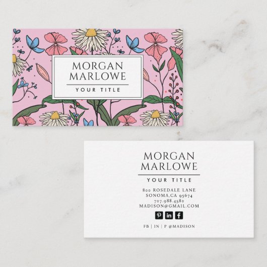 ボホお洒落ワ絵を描ラフローラピンク 名刺 (正面/裏面)