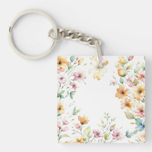 ボホかわいらしオレンジピンク水彩ワイルドフラワー キーホルダー