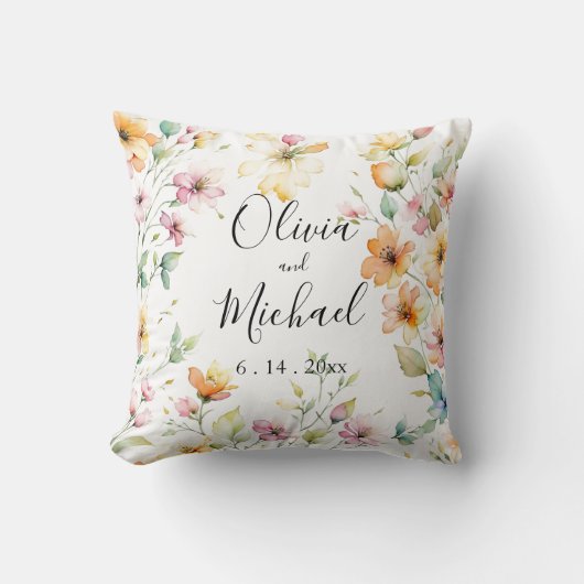 ボホかわいらしオレンジピンク水彩ワイルドフラワー クッション (正面)