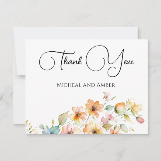 ボホかわいらしオレンジピンク水彩ワイルドフラワー サンキューカード (正面)
