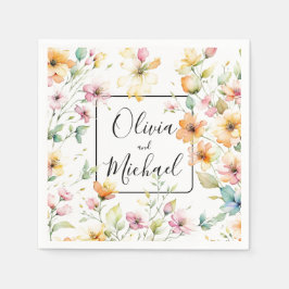 ボホかわいらしオレンジピンク水彩ワイルドフラワー スタンダードカクテルナプキン