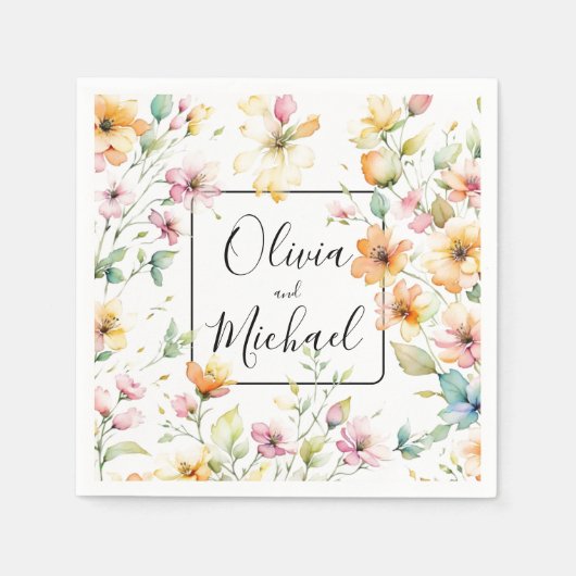 ボホかわいらしオレンジピンク水彩ワイルドフラワー スタンダードカクテルナプキン (正面)
